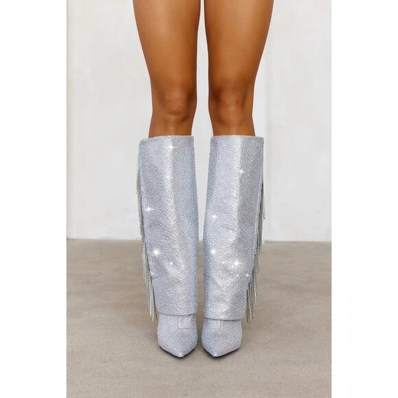 Steve Madden Sanya Silver Rhinestone Fringe Knee High Boot New Size 8 Sparkle - Picture 11 of 12